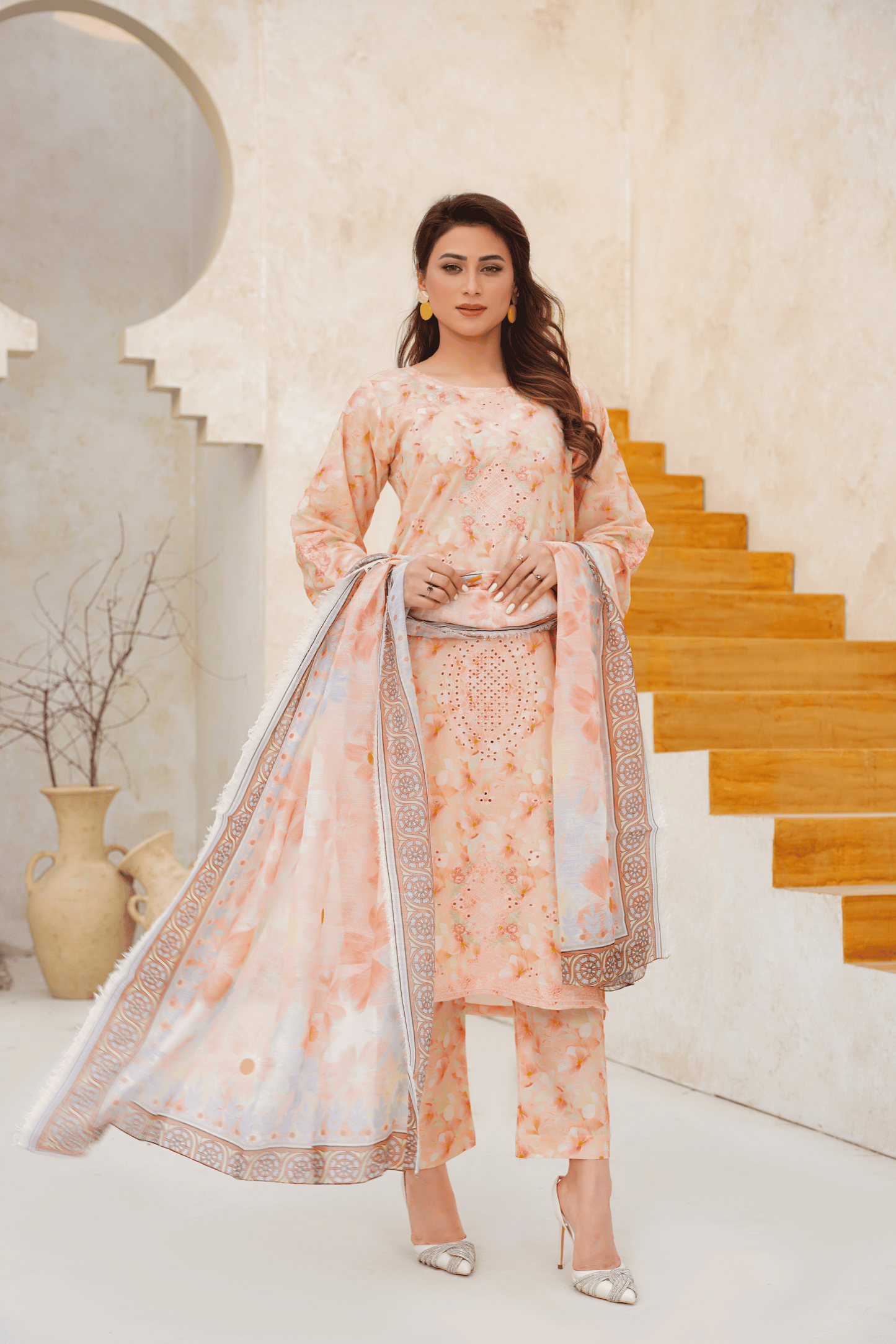 Embroidered Luxury Lawn 3 Piece Suit with Printed Dupatta – Peach