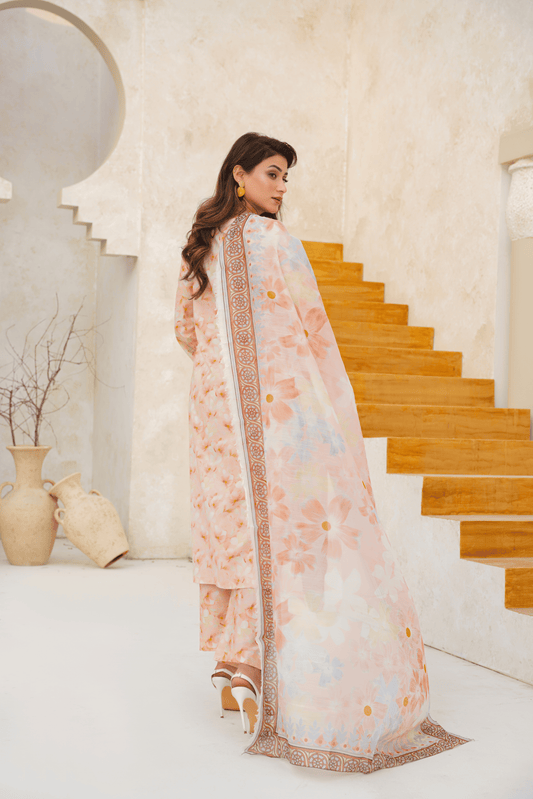 Embroidered Luxury Lawn 3 Piece Suit with Printed Dupatta – Peach