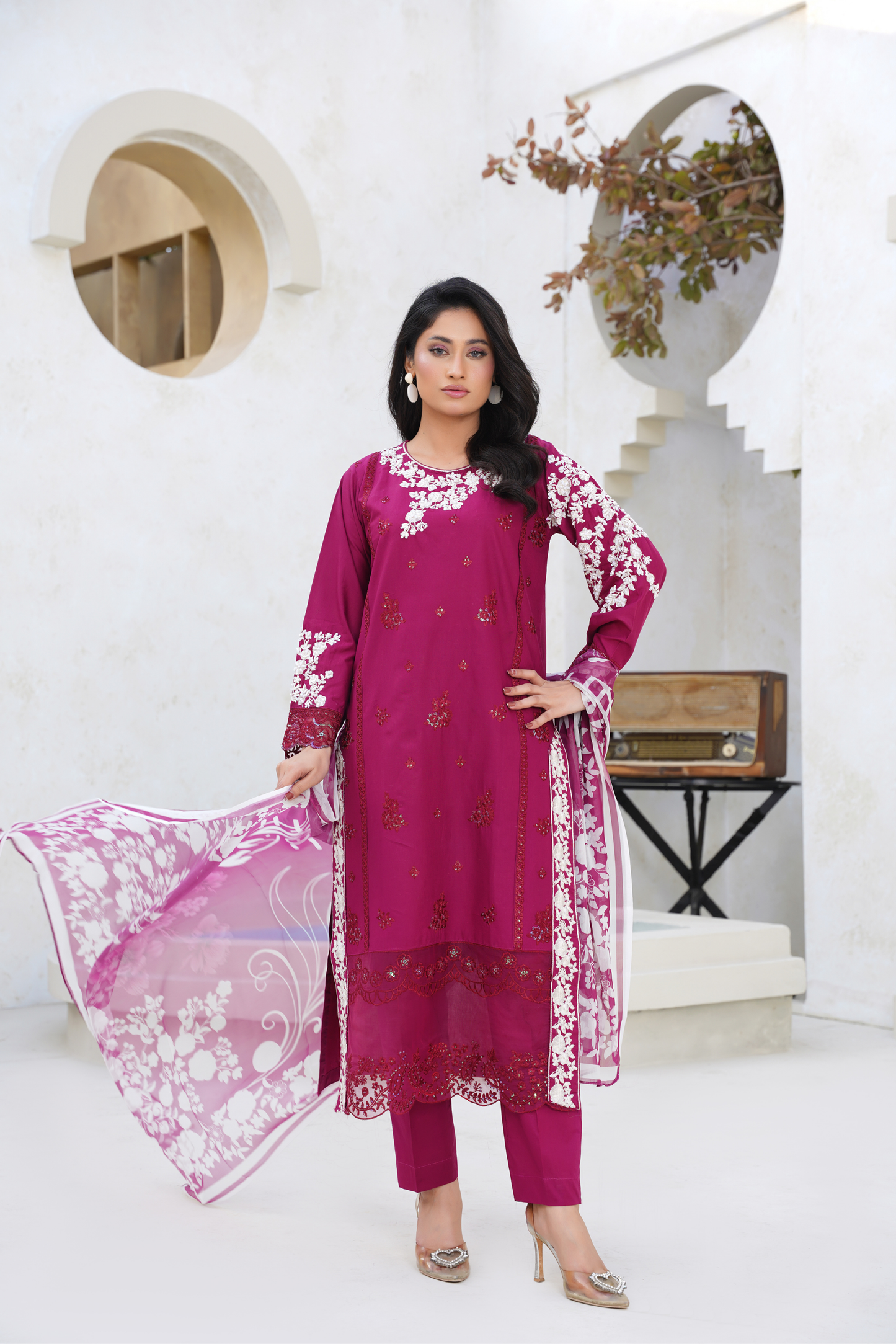 Embroidered Lawn 3 Piece Suit with Chiffon Dupatta – Magenta