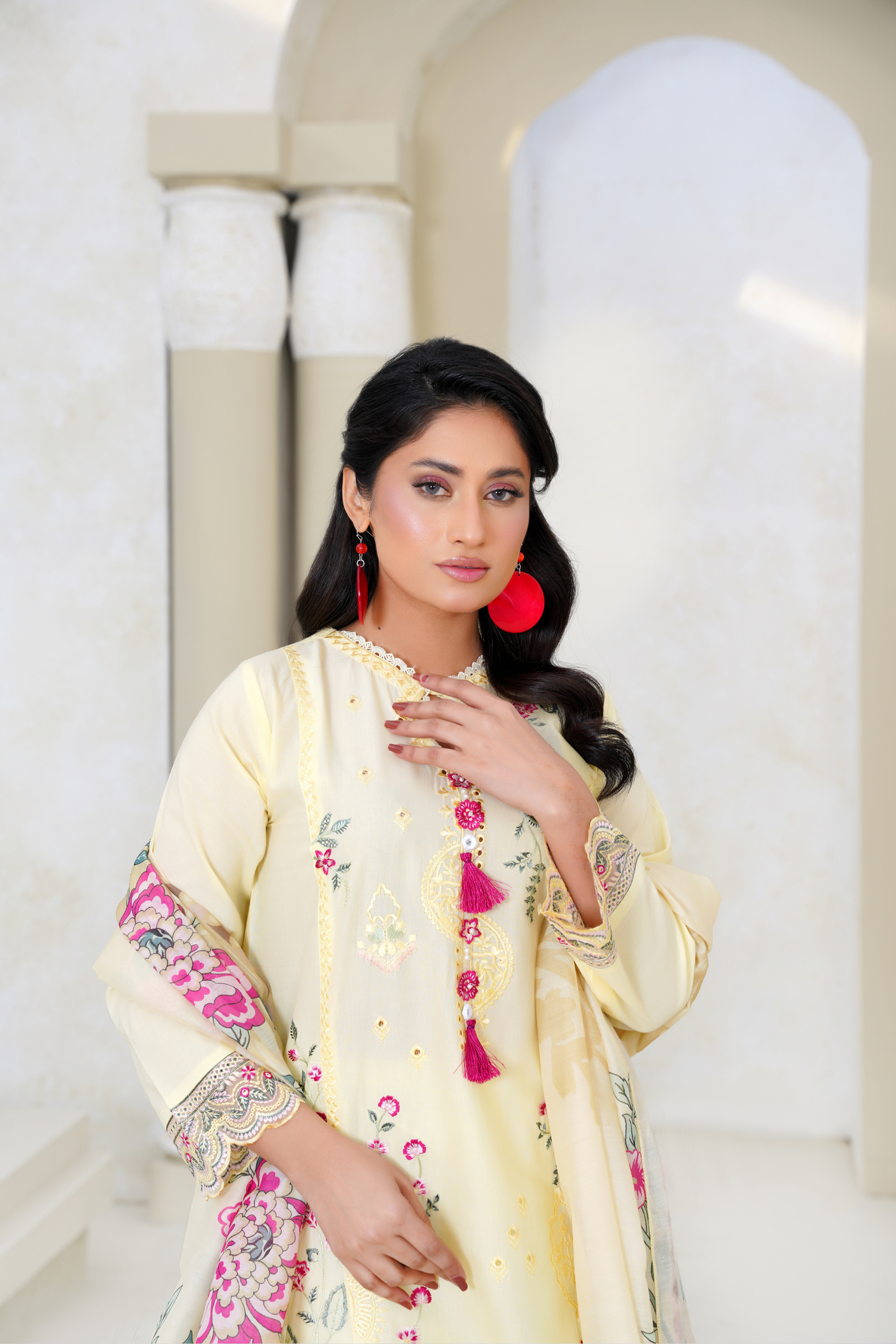 Embroidered Lawn 3 Piece Suit with Printed Dupatta – Pastel Yellow