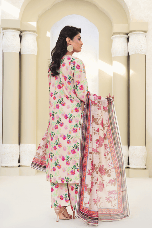 Memonaas Beige Floral Lawn 3 Piece Suit with Chiffon Dupatta – Summer Collection