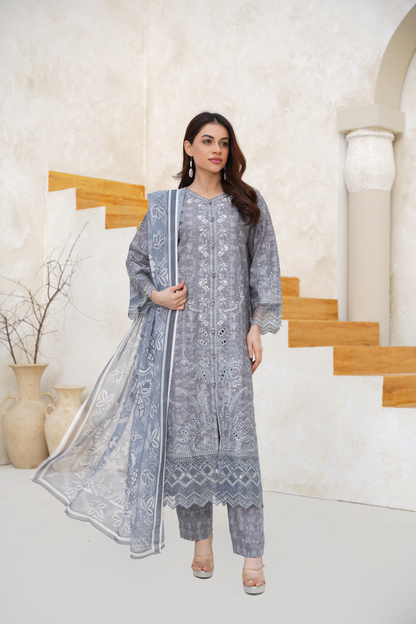 Embroidered Lawn 3 Piece Summer Suit with Printed Dupatta | Elegant Summer Wear