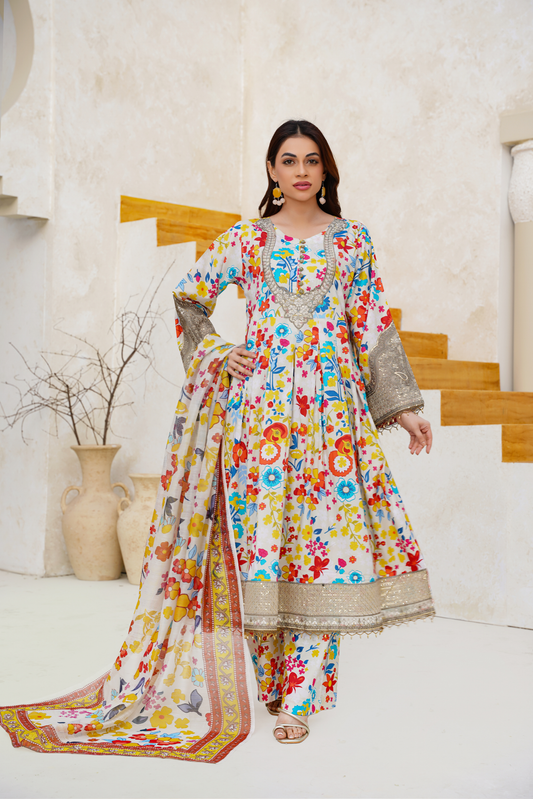 Printed Lawn 3 Piece Summer Suit with Embellished Neckline & Dupatta | Festive Summer Wear