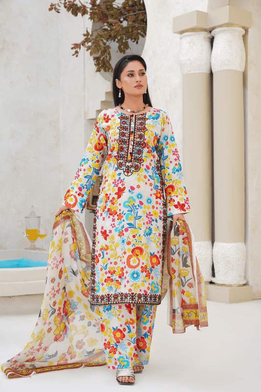 Memonaas Graceful Floral Lawn Suit with Printed Dupatta