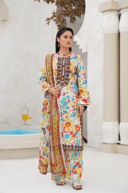 Memonaas Graceful Floral Lawn Suit with Printed Dupatta