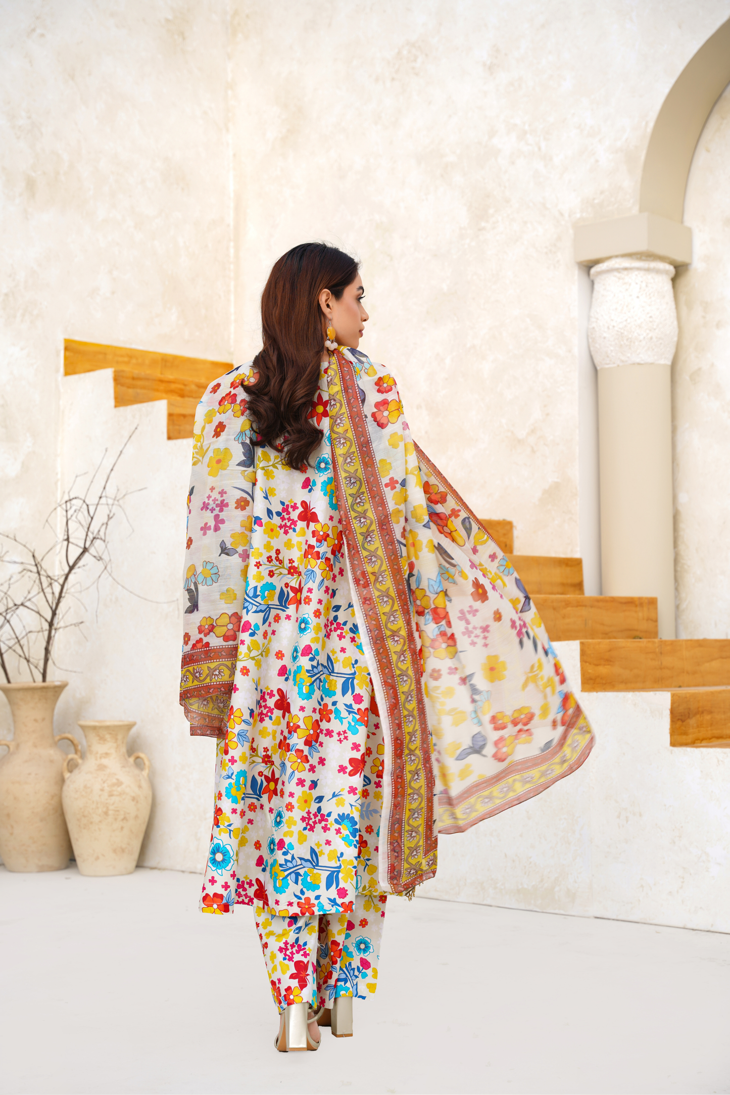 Printed Lawn 3 Piece Summer Suit with Embellished Neckline & Dupatta | Festive Summer Wear