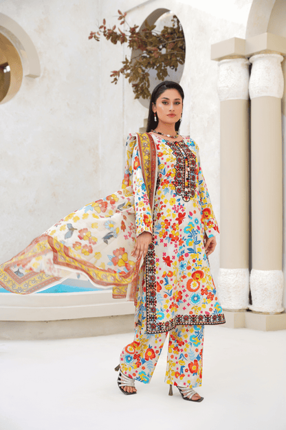 Memonaas Graceful Floral Lawn Suit with Printed Dupatta