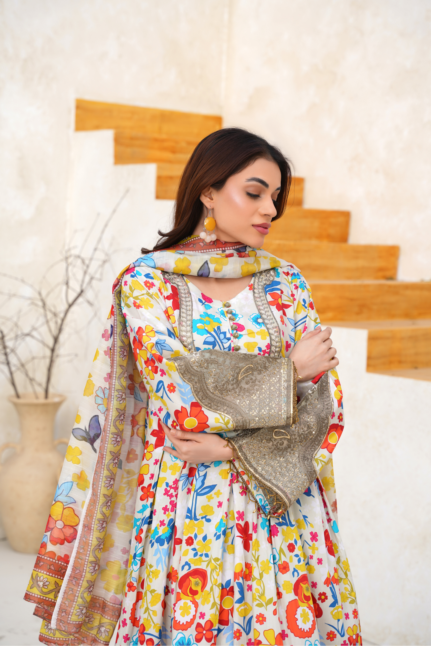 Printed Lawn 3 Piece Summer Suit with Embellished Neckline & Dupatta | Festive Summer Wear
