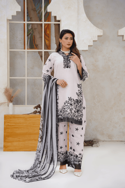 Memonaas Monochrome Elegance Lawn 3 Piece Suit – Black & White Collection