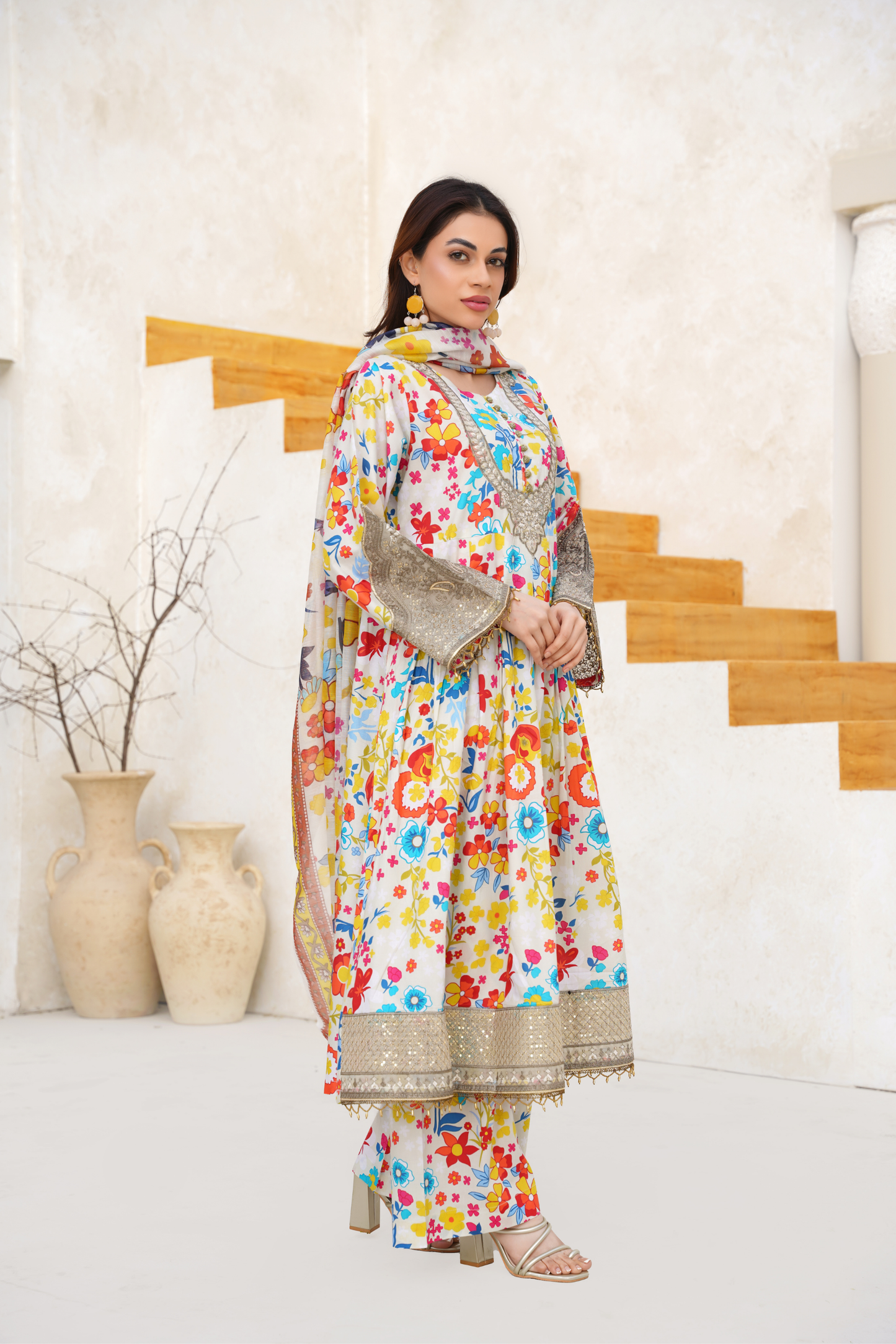 Printed Lawn 3 Piece Summer Suit with Embellished Neckline & Dupatta | Festive Summer Wear