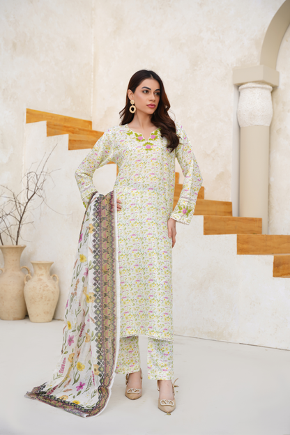 Floral Printed 3 Piece Suit with Chiffon Dupatta | Pastel Elegant Wear