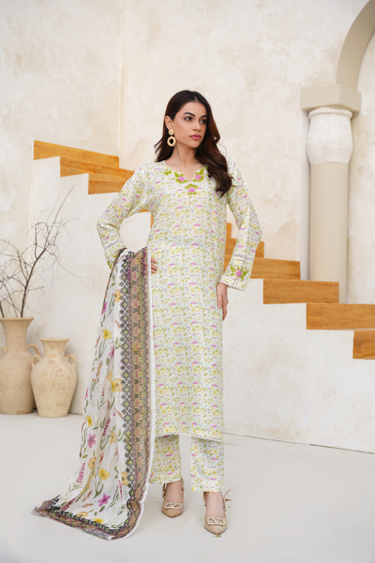 Floral Printed 3 Piece Suit with Chiffon Dupatta | Pastel Elegant Wear