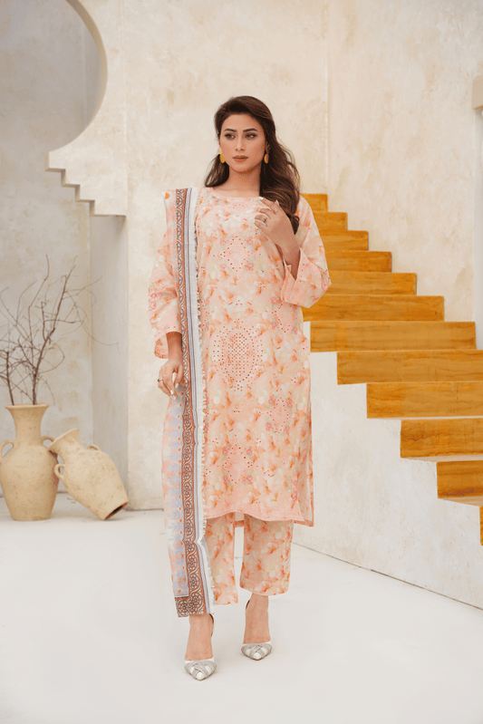 Embroidered Luxury Lawn 3 Piece Suit with Printed Dupatta – Peach