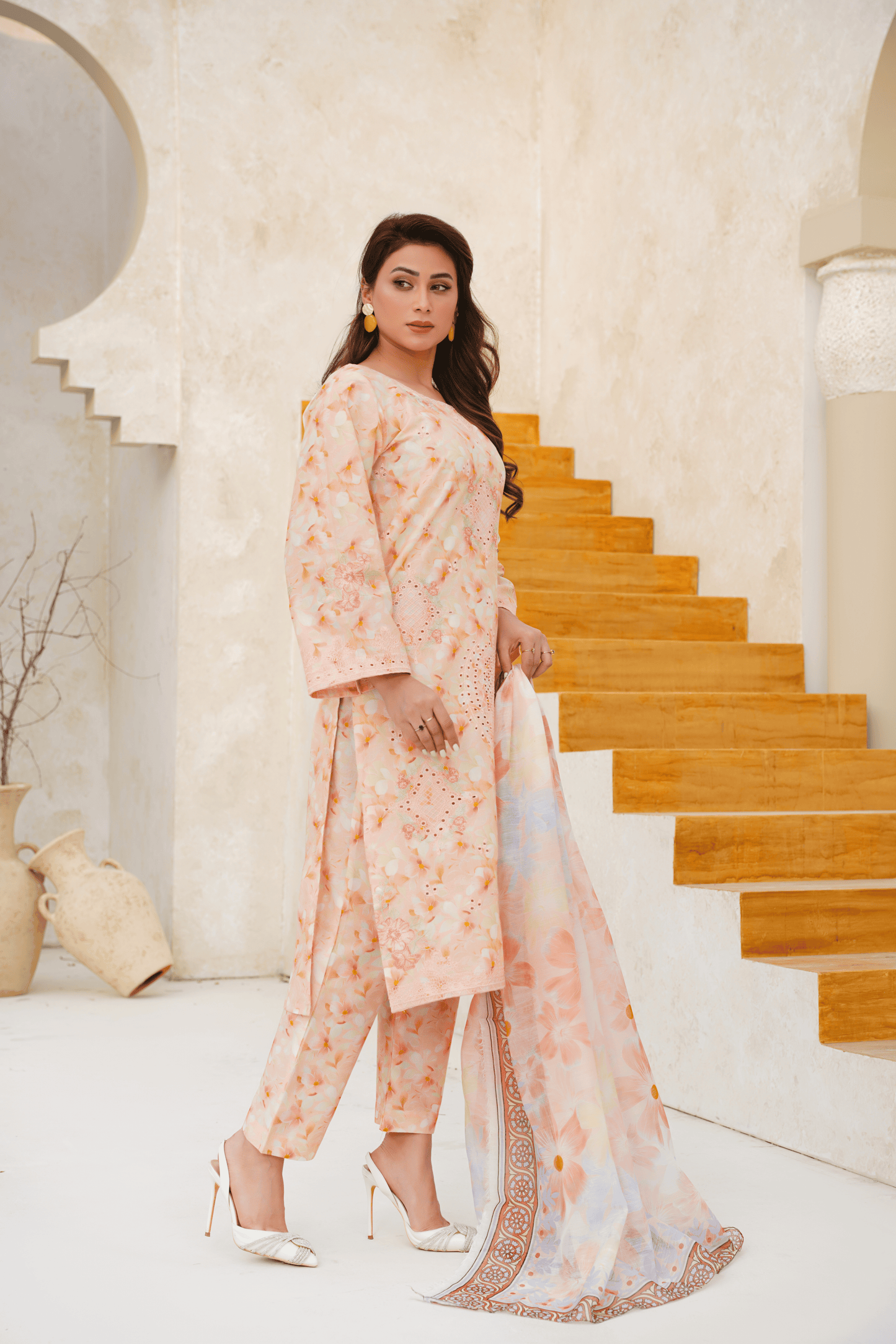Embroidered Luxury Lawn 3 Piece Suit with Printed Dupatta – Peach