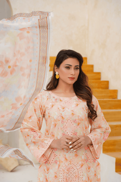 Embroidered Luxury Lawn 3 Piece Suit with Printed Dupatta – Peach