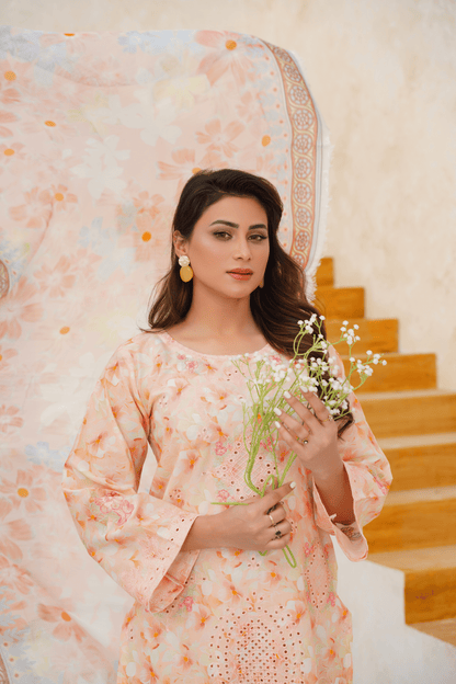 Embroidered Luxury Lawn 3 Piece Suit with Printed Dupatta – Peach