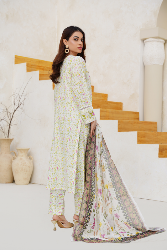 Floral Printed 3 Piece Suit with Chiffon Dupatta | Pastel Elegant Wear
