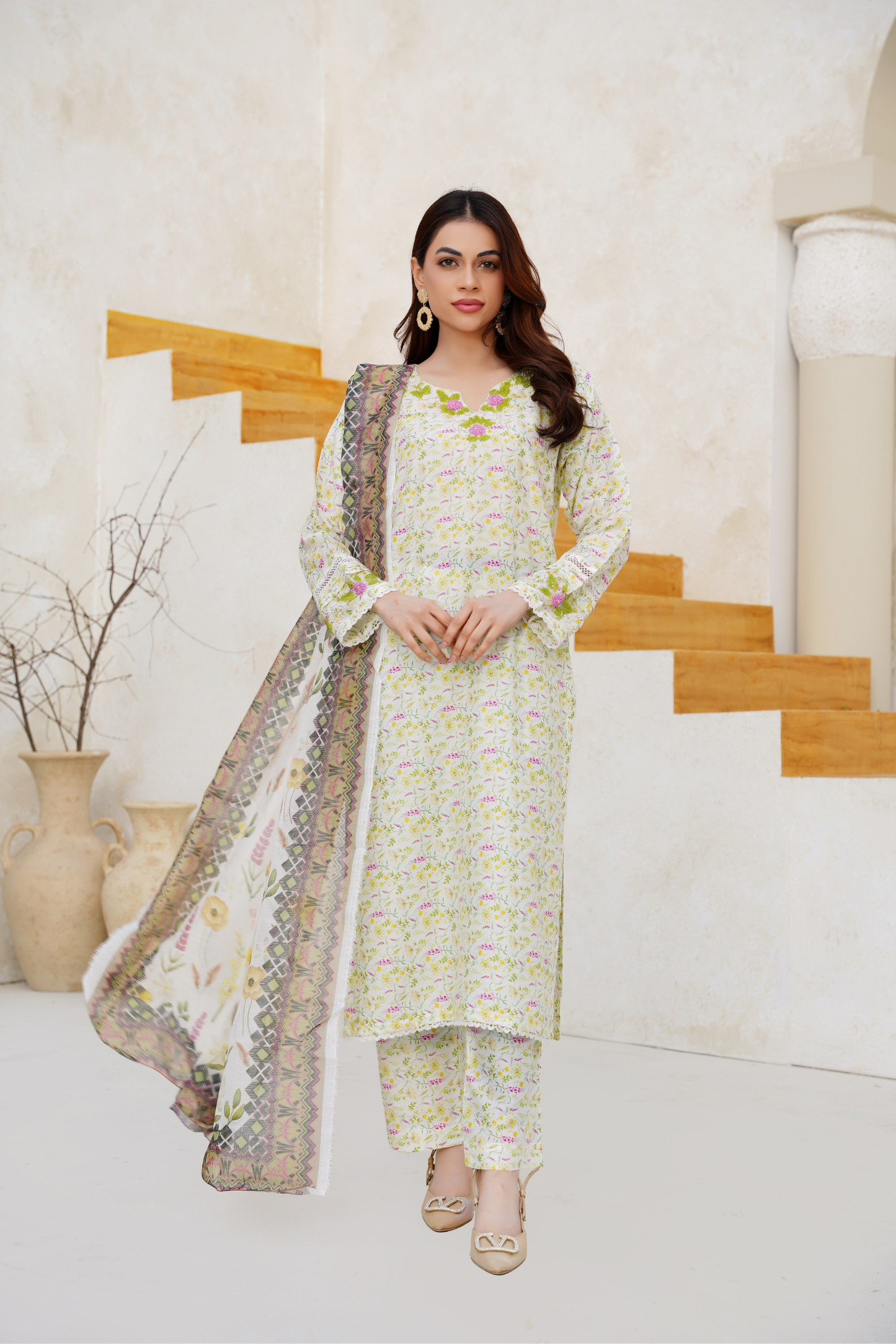 Floral Printed 3 Piece Suit with Chiffon Dupatta | Pastel Elegant Wear