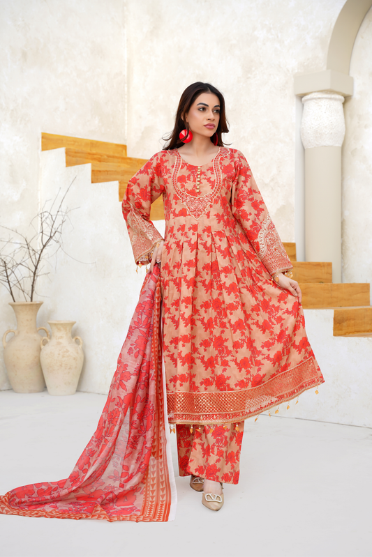 Printed Lawn 3 Piece Summer Suit with Embroidered Neckline & Dupatta | Festive Summer Wear