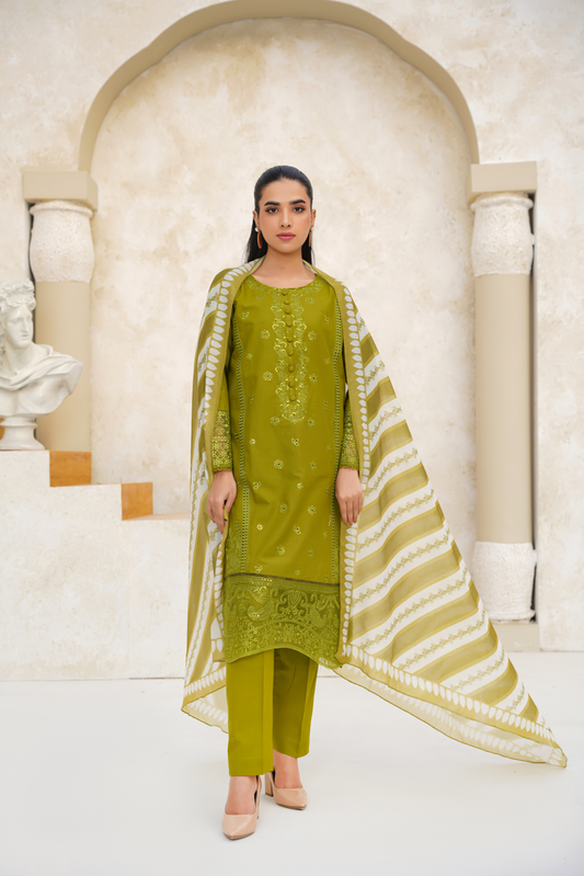 Memonaas Olive Green Embroidered Summer 3 Piece Suit