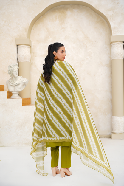 Memonaas Olive Green Embroidered Summer 3 Piece Suit