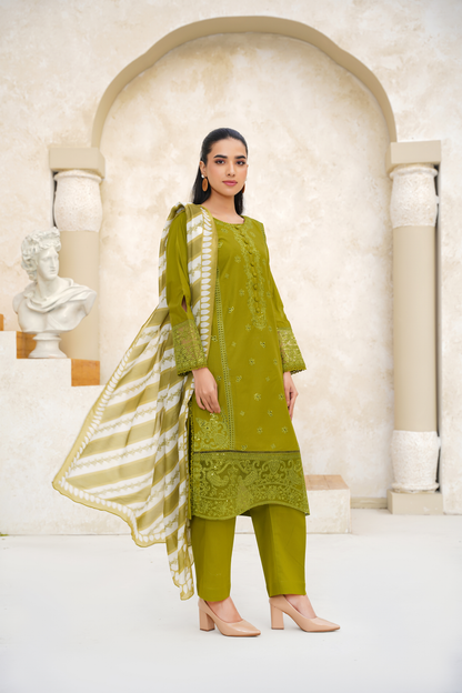 Memonaas Olive Green Embroidered Summer 3 Piece Suit