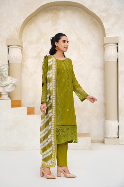 Memonaas Olive Green Embroidered Summer 3 Piece Suit