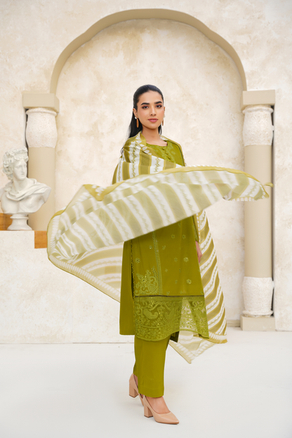 Memonaas Olive Green Embroidered Summer 3 Piece Suit