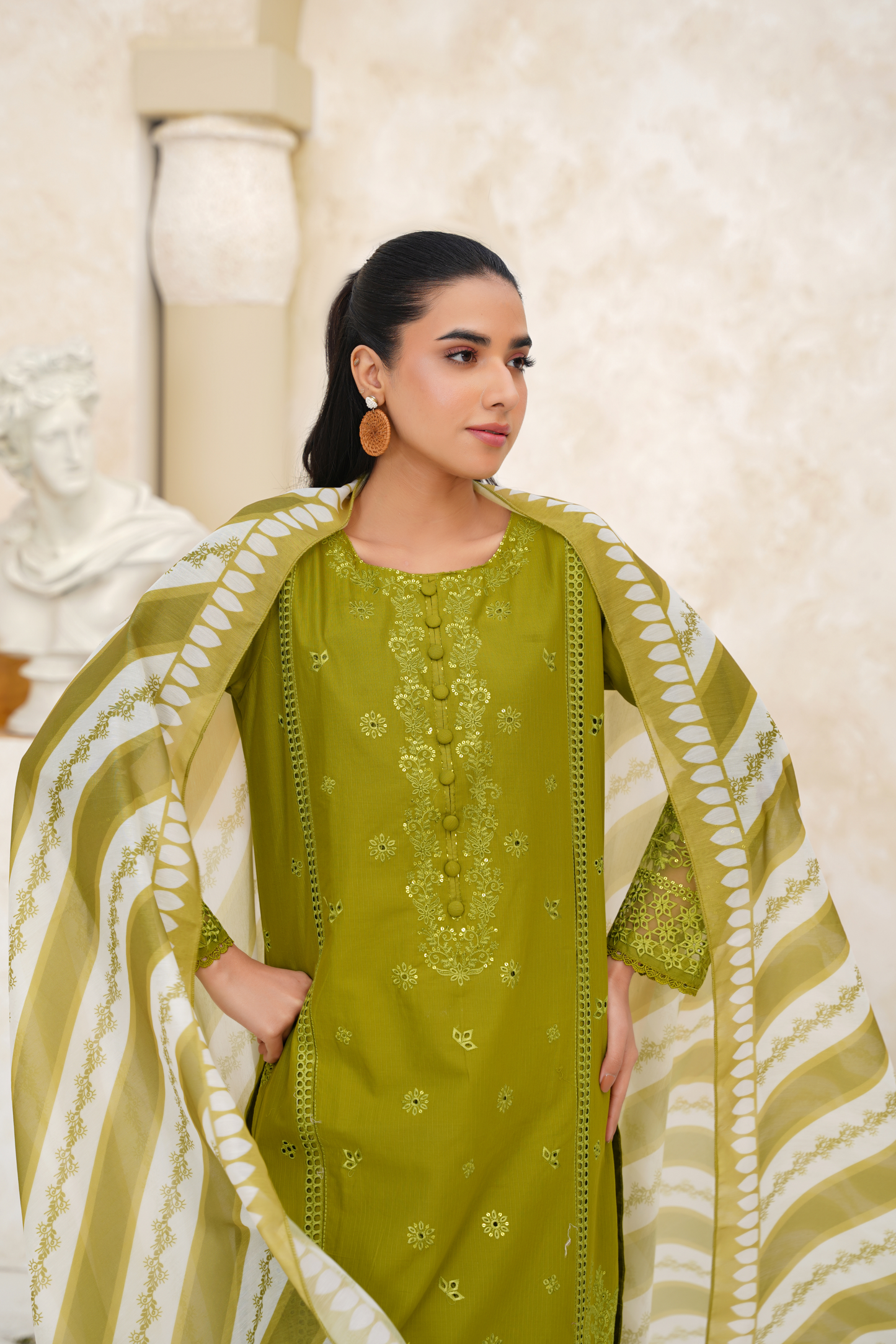 Memonaas Olive Green Embroidered Summer 3 Piece Suit