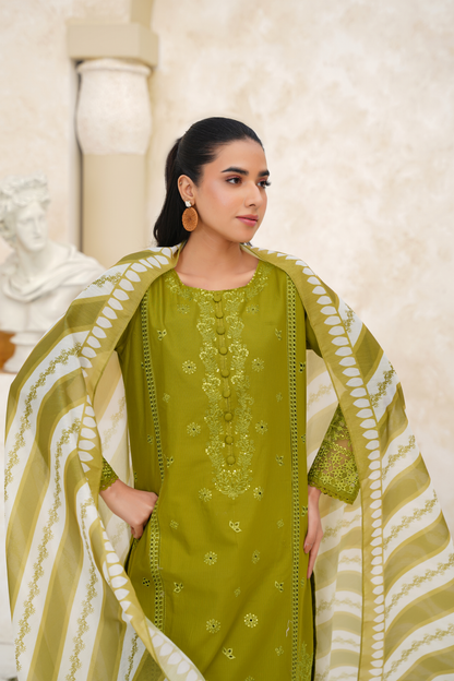 Memonaas Olive Green Embroidered Summer 3 Piece Suit