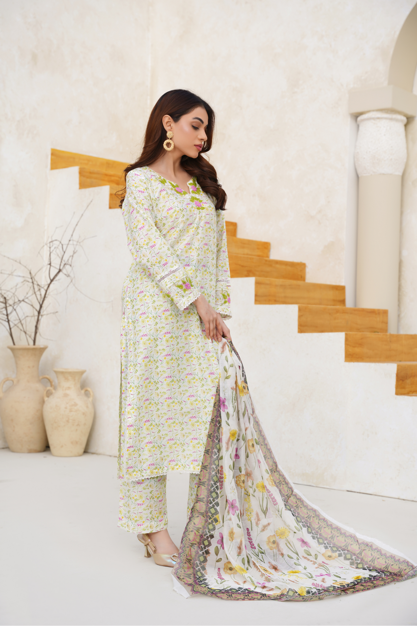 Floral Printed 3 Piece Suit with Chiffon Dupatta | Pastel Elegant Wear