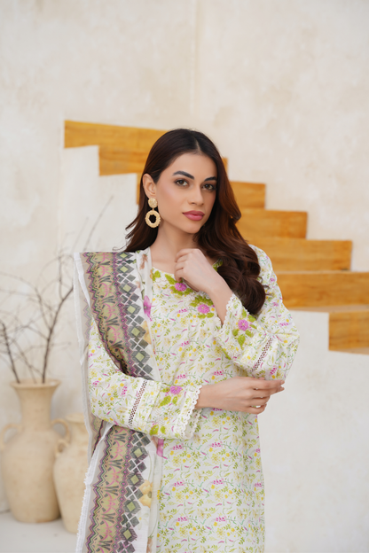 Floral Printed 3 Piece Suit with Chiffon Dupatta | Pastel Elegant Wear