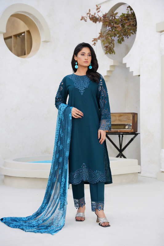 Embroidered Khaddar 3 Piece Winter Suit with Chiffon Dupatta | Teal Elegant Wear