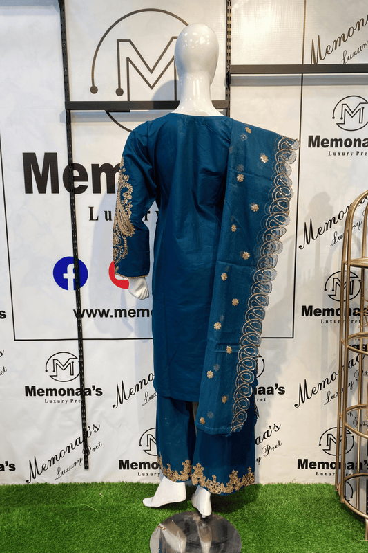 Embroidered Cotton 3 Piece Suit with Embroidered Khadi Net Dupatta