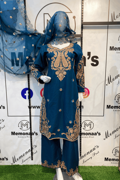 Embroidered Cotton 3 Piece Suit with Embroidered Khadi Net Dupatta