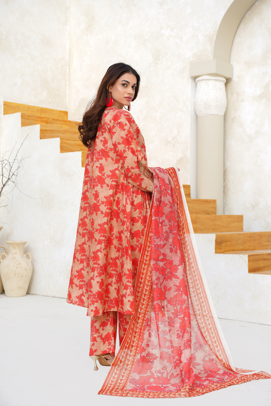 Printed Lawn 3 Piece Summer Suit with Embroidered Neckline & Dupatta | Festive Summer Wear