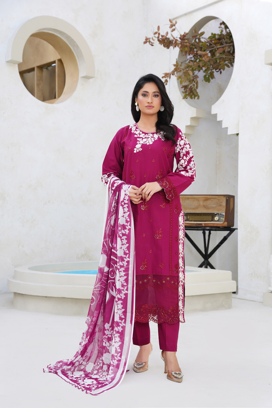 Embroidered Lawn 3 Piece Suit with Chiffon Dupatta – Magenta