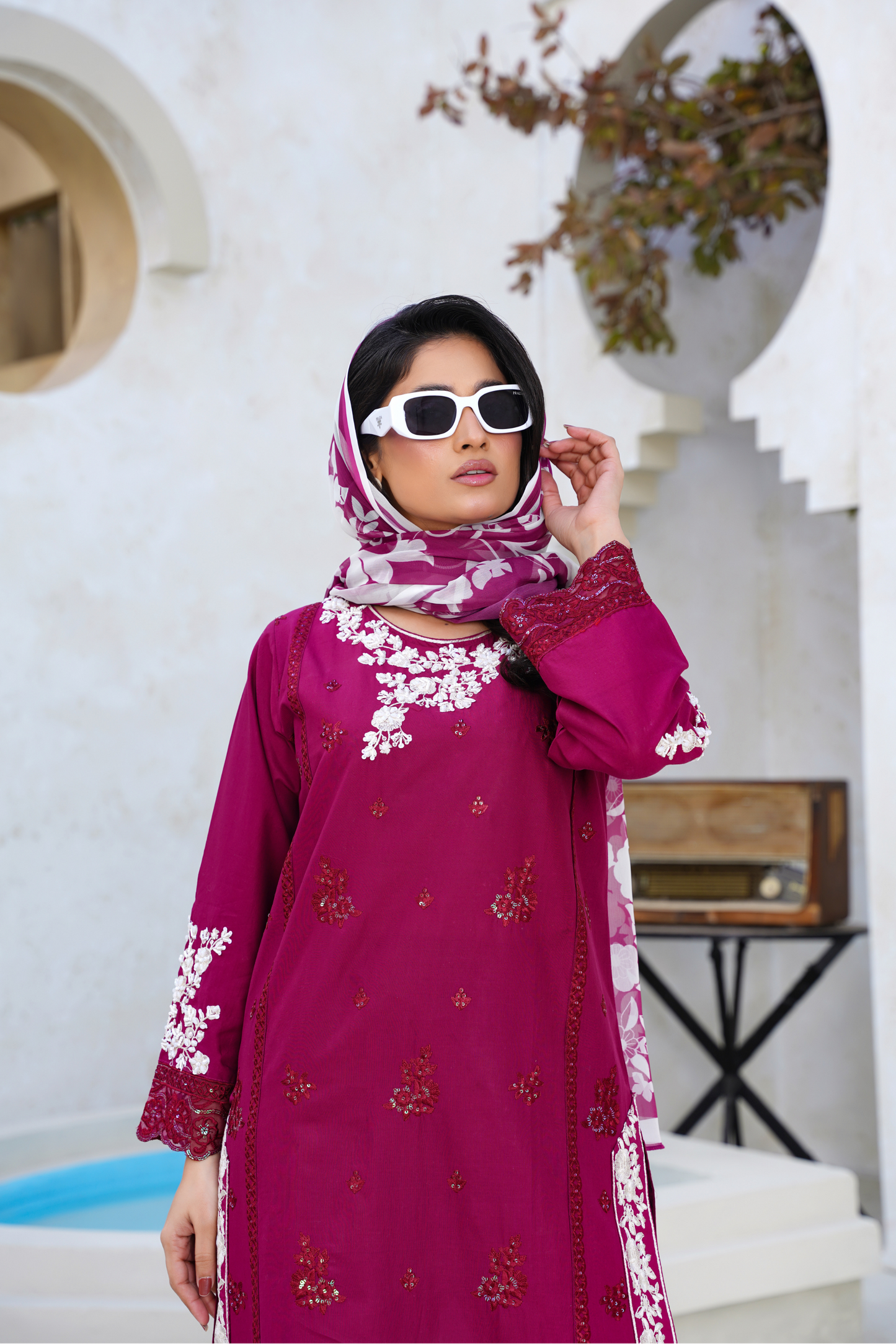 Embroidered Lawn 3 Piece Suit with Chiffon Dupatta – Magenta