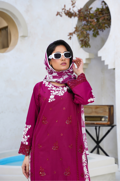 Embroidered Lawn 3 Piece Suit with Chiffon Dupatta – Magenta