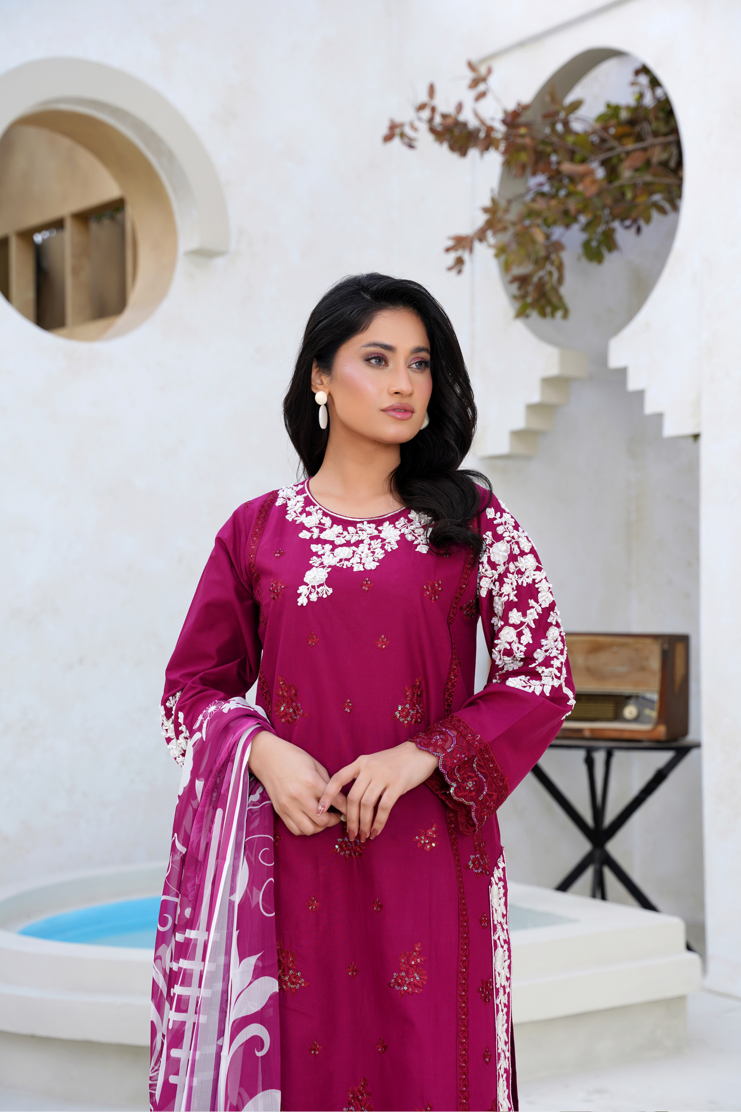 Embroidered Lawn 3 Piece Suit with Chiffon Dupatta – Magenta