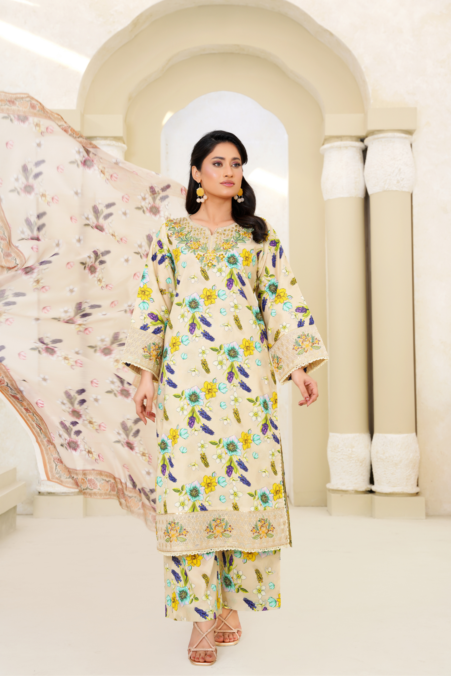 Printed Lawn 3 Piece Summer Suit with Embroidered Neckline & Floral Dupatta