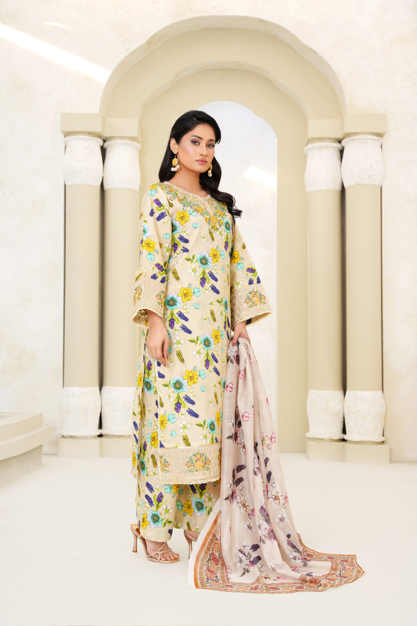 Printed Lawn 3 Piece Summer Suit with Embroidered Neckline & Floral Dupatta