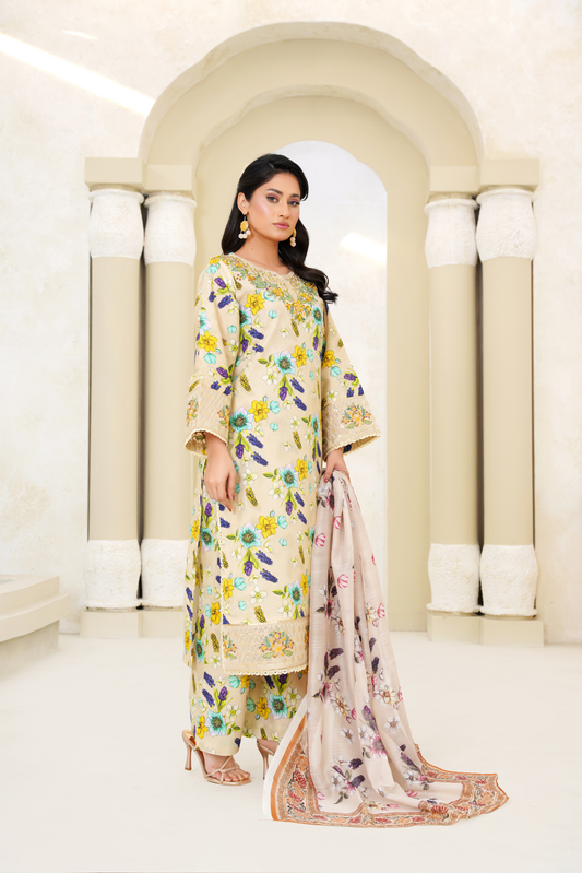 Printed Lawn 3 Piece Summer Suit with Embroidered Neckline & Floral Dupatta