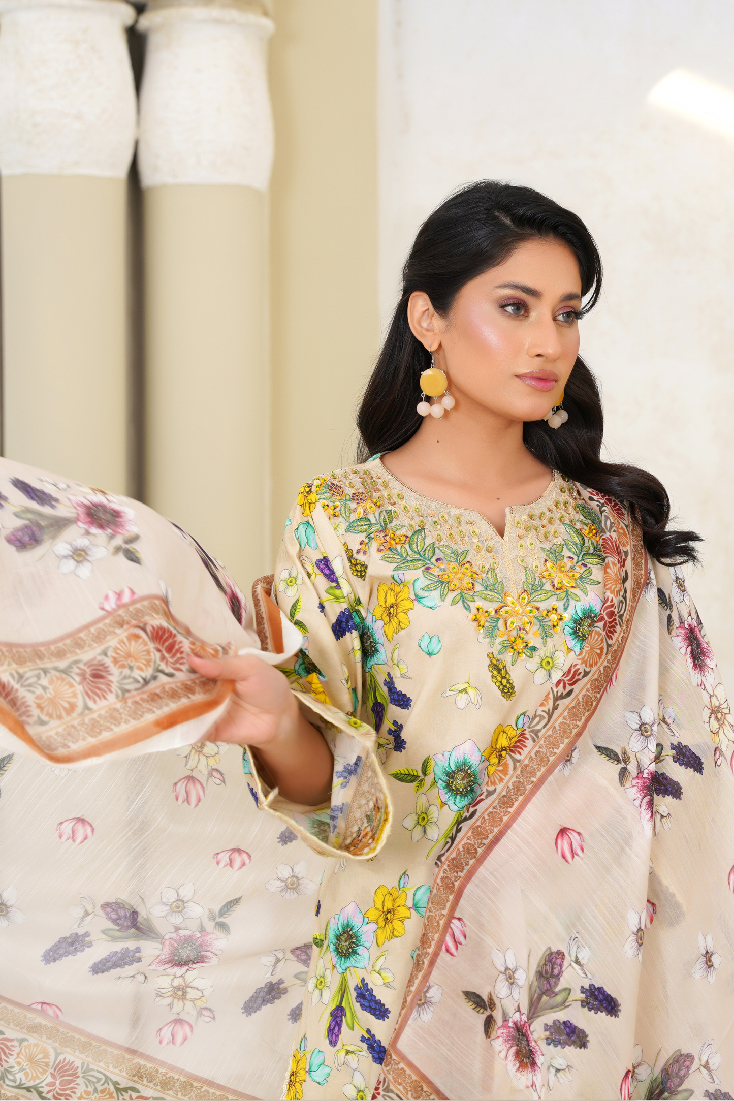 Printed Lawn 3 Piece Summer Suit with Embroidered Neckline & Floral Dupatta