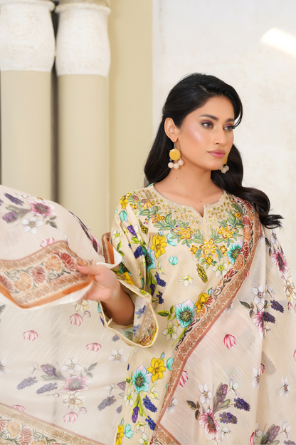 Printed Lawn 3 Piece Summer Suit with Embroidered Neckline & Floral Dupatta