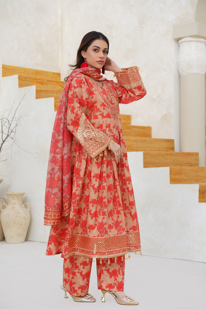 Printed Lawn 3 Piece Summer Suit with Embroidered Neckline & Dupatta | Festive Summer Wear