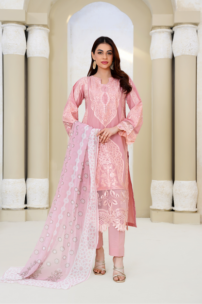 Embroidered Luxury Lawn 3 Piece Suit with Printed Dupatta – Blush Pink