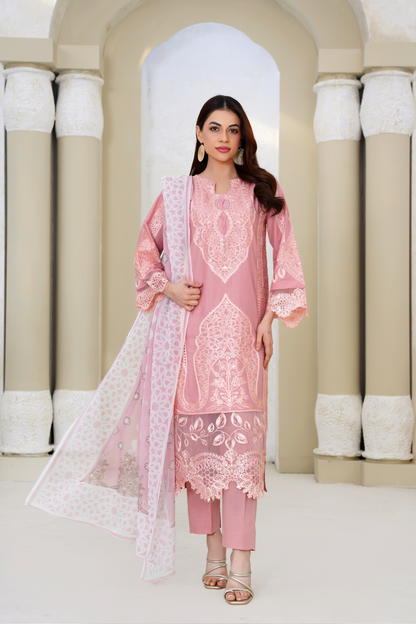 Embroidered Luxury Lawn 3 Piece Suit with Printed Dupatta – Blush Pink