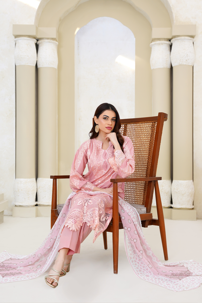 Embroidered Luxury Lawn 3 Piece Suit with Printed Dupatta – Blush Pink
