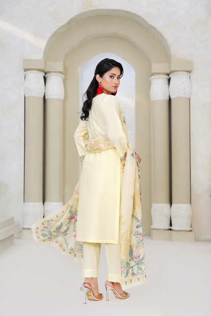 Embroidered Lawn 3 Piece Suit with Printed Dupatta – Pastel Yellow